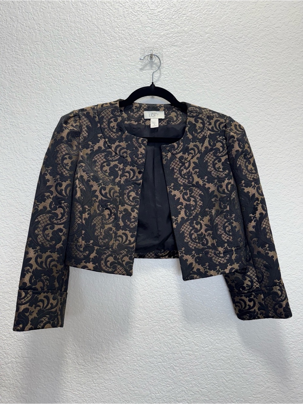 LOFT Black and Gold Brocade Crop Blazer